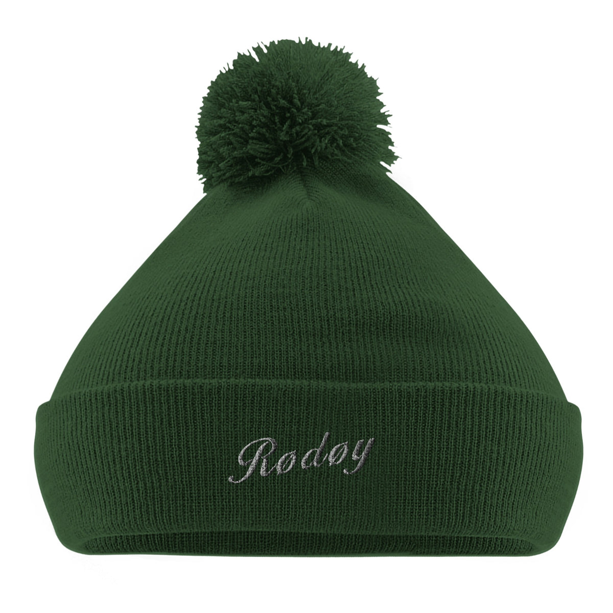 Rødøy brodert pompom-lue med løvemotiv, skoggrønn, Nordland